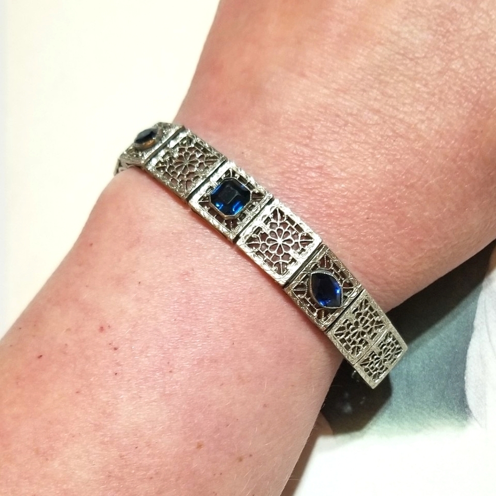 Art Deco E.I.Franklin Co Filigree Silver Sapphire Paste Stone Bracelet